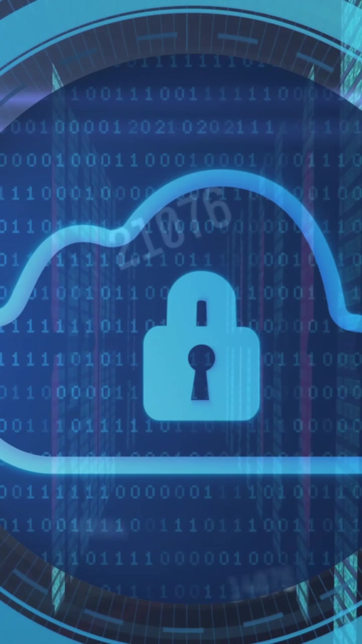 Animation of clouds with digital padlock in circle over servers