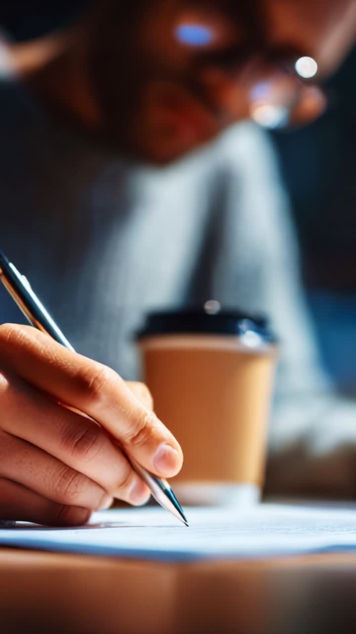 A Creative Moment Captured: Focused Individual Writing Intently with a Pen While Enjoying a Coffee in a Cozy Atmosphere, Blurred Background Highlights Engagement