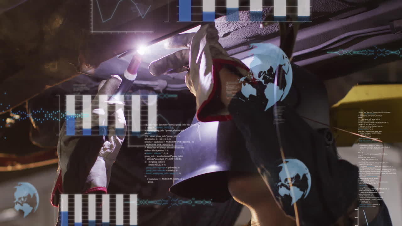 Welder working with sparks flying, overlaid with global data processing animation