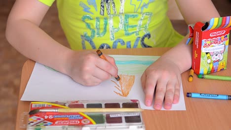 child drawing with crayons and watercolors