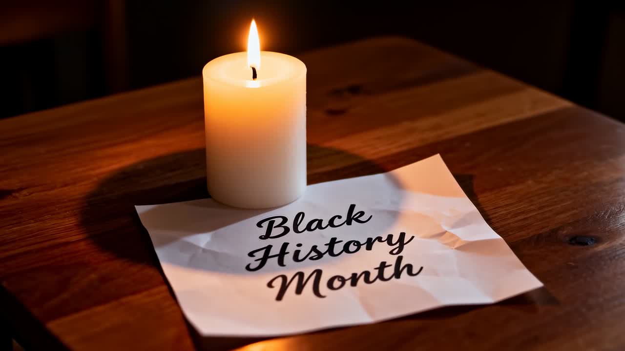 Flickering candle casting moving shadows on wood table lighting creased 'Black History Month' paper