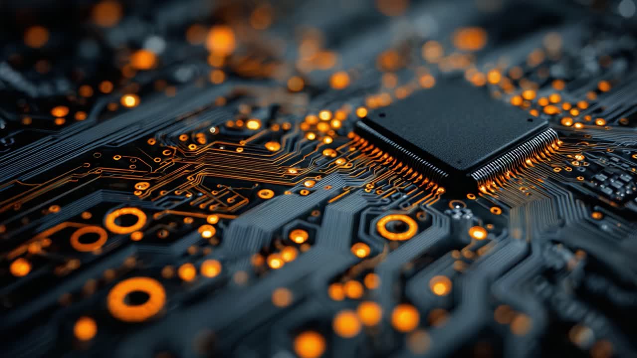 Exploring the Intricacies of Modern Technology: A Close-Up View of a Computer Circuit Board with Illuminated Connections and a Central Processing Unit