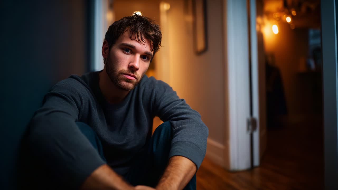 A contemplative young man sitting in a dimly lit hallway, reflecting on life while surrounded by soft ambient lighting and a cozy interior atmosphere
