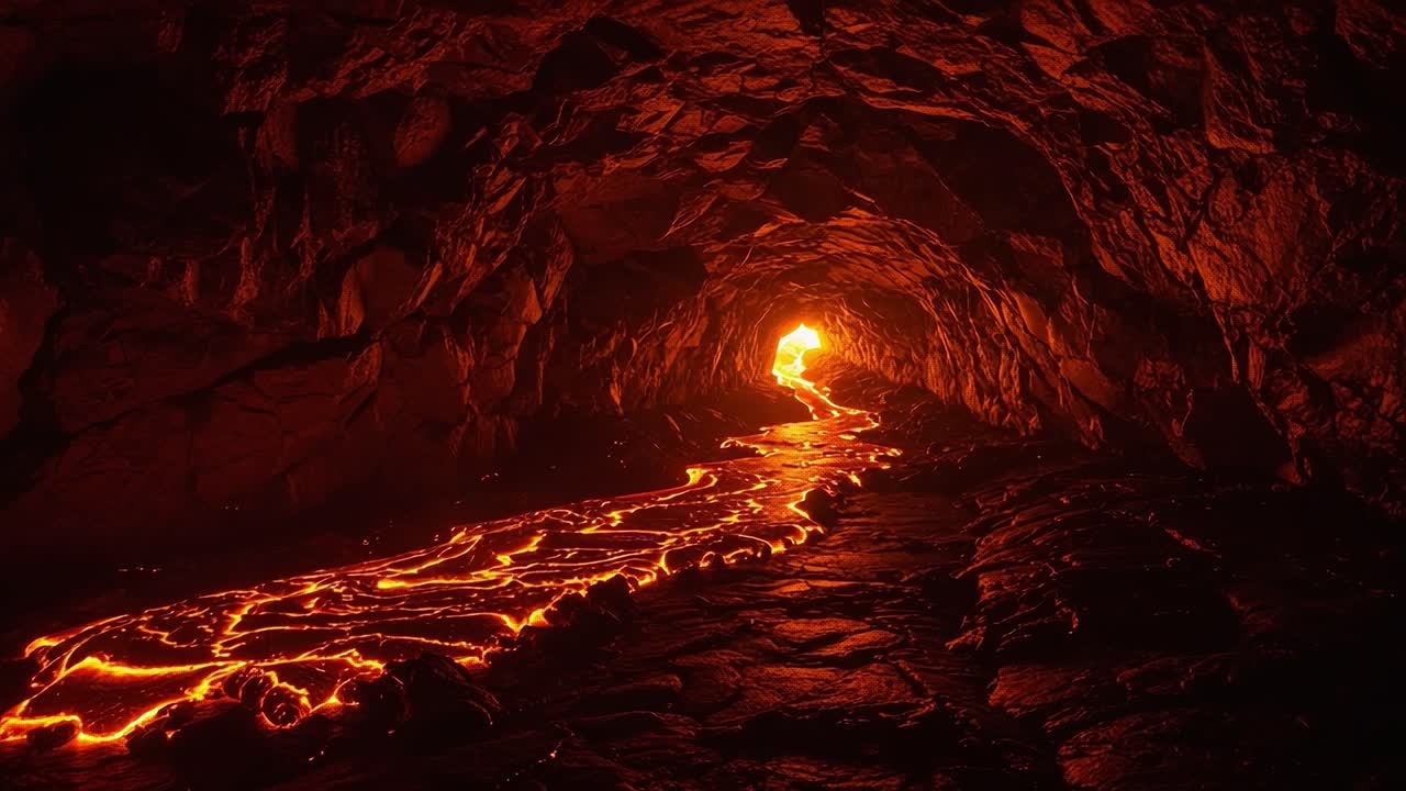 A Dramatic Display of Nature's Fury: Inside a Volcanic Cave with Flowing Lava Illuminating the Dark Cavern with Fiery Glow and Natural Textures
