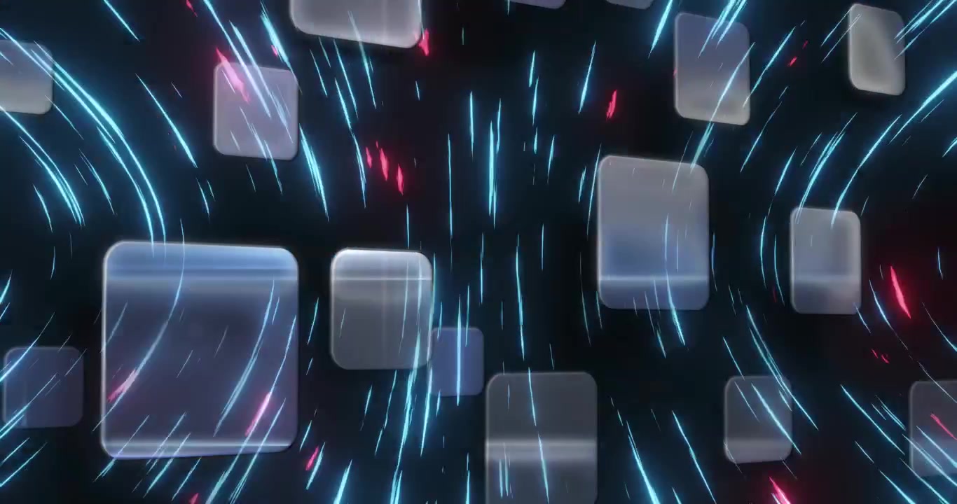 Animation von Quadraten und neonblauen und pinken Lichtern, die sich schnell auf schwarzem Hintergrund bewegen.