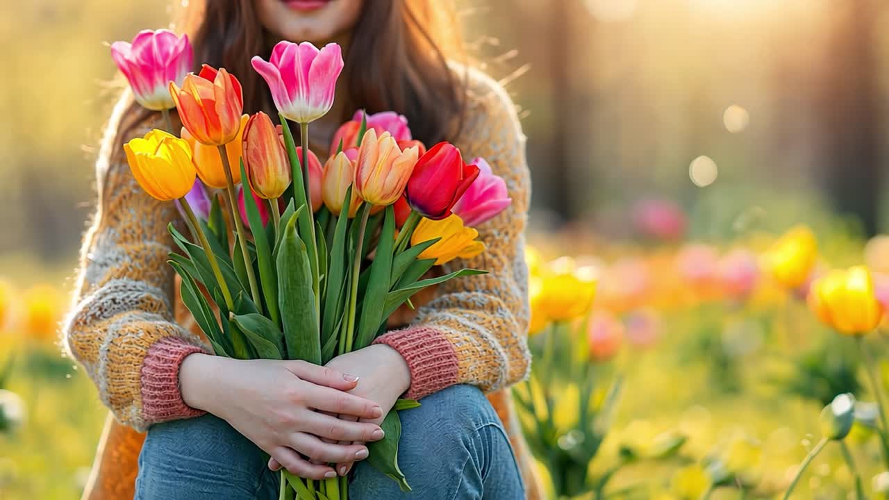 Woman holding a vibrant bouquet of tulips in a sunlit field