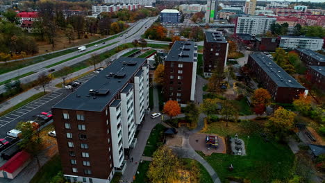 residential buildings and highway during autumn in stockholm, sweden