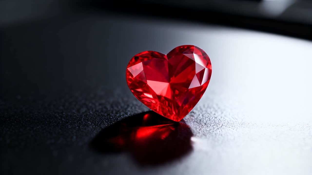 Camera initiating subtle approach, revealing small heart gem on tabletop, deepening red reflection