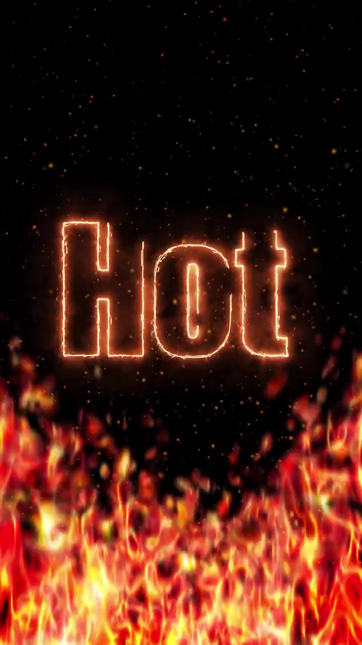Vertikal bevægelsesgrafik-animation med glødende flammende tekst over brændende flammer og svævende gnister.