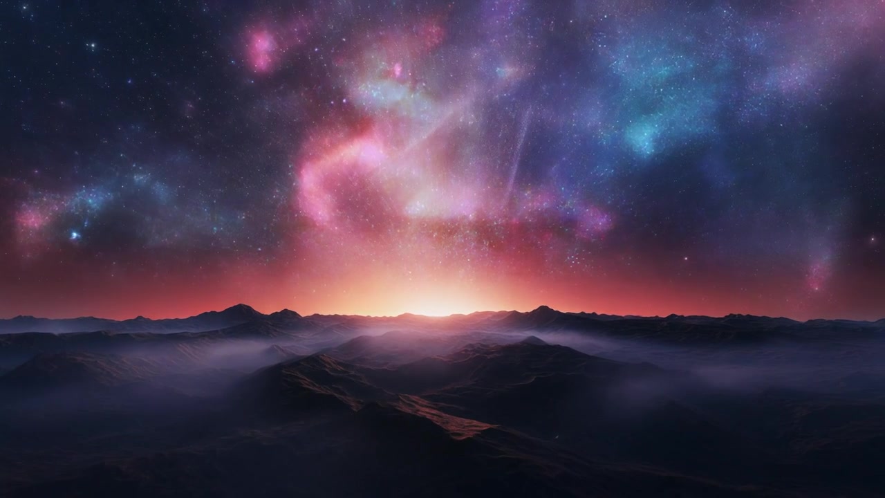 Cinematic View of a Nebula Over a Misty Mountain Landscape