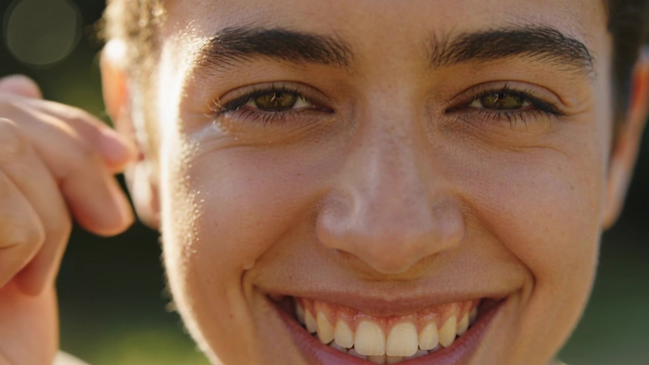 Mulher sorrindo na casa dos 20 anos, levantando a mão esquerda, beliscando suavemente a pálpebra inferior no parque, com bokeh de luz solar.