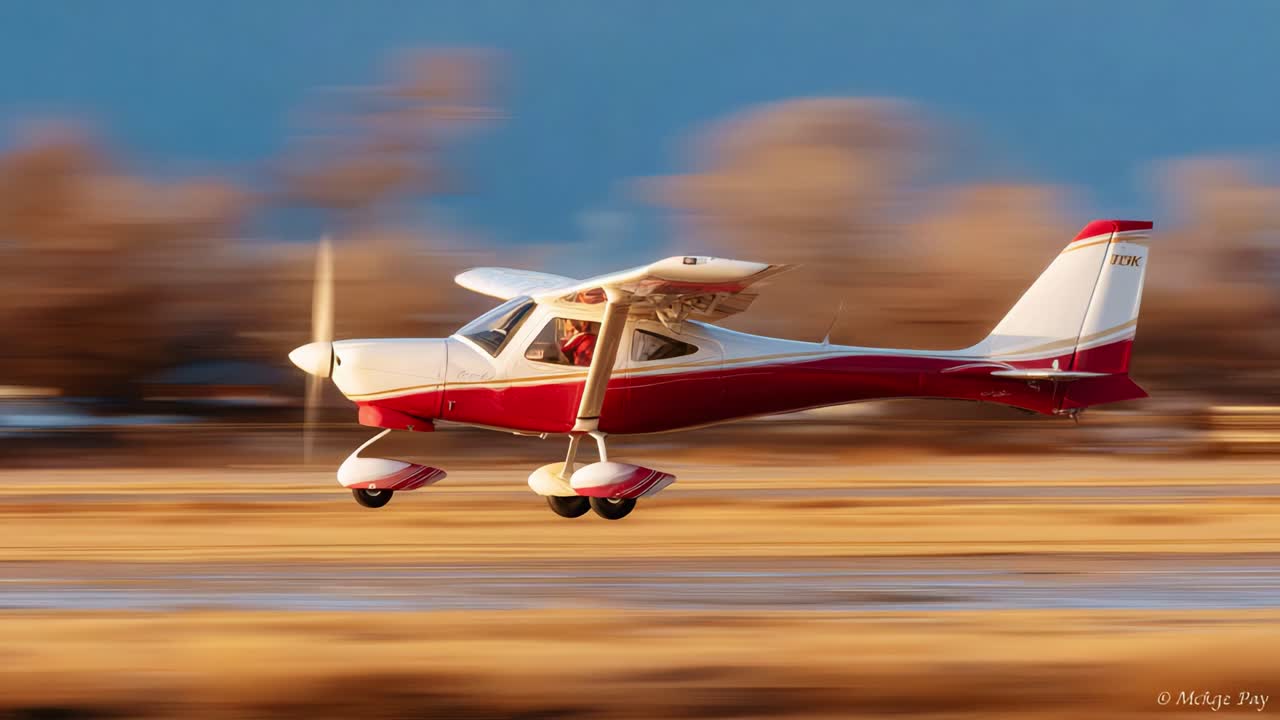A sleek light aircraft takes off gracefully, showcasing its modern design and vibrant colors during a dynamic flight against a stunning backdrop of blurred scenery