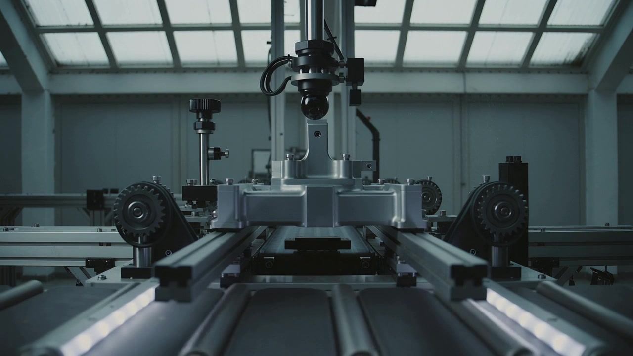 Receiving control pulse, gantry tool head descending over conveyor at factory bay, aligning sensor