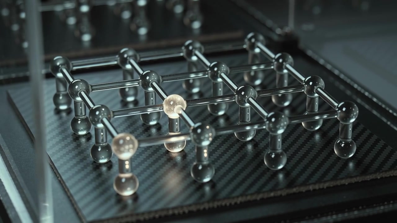 Camera panning, divider sliding, revealing glass-node lattice on carbon-fiber base, nodes glowing
