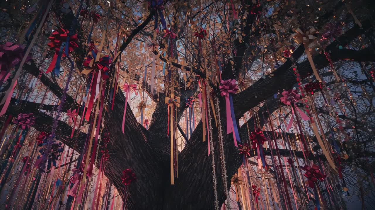 Camera ascending large tree trunk in park at dusk, revealing ribbons swaying in pink purple gold