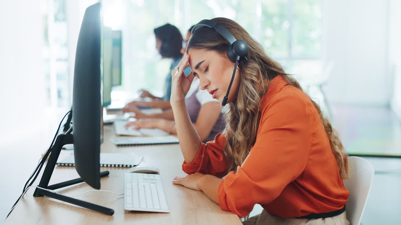 Stress, headache and burnout woman at call center | Premium Stock Video ...