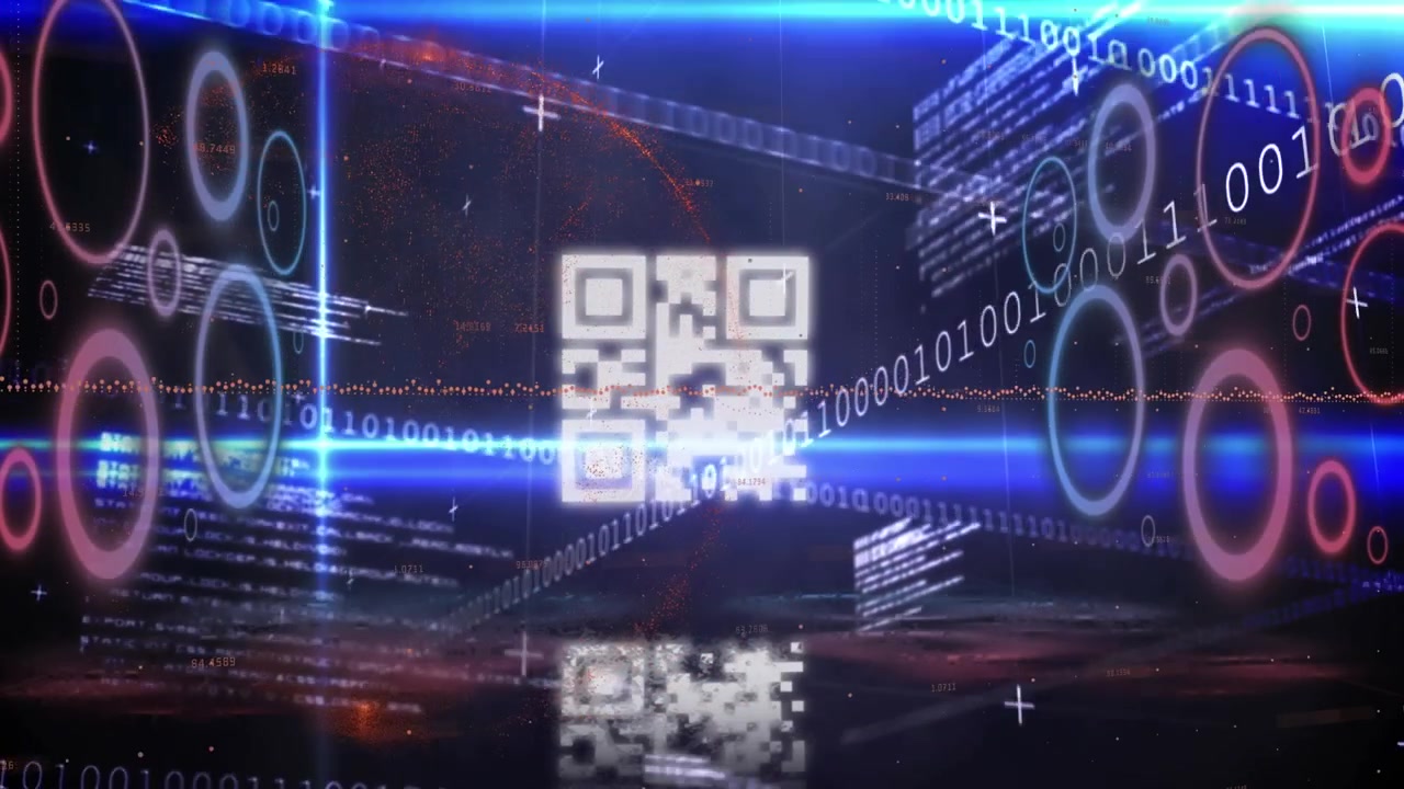Animation of data processing and qr code on black background
