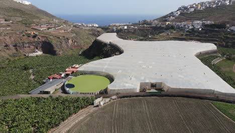 fantstic dolly in aerial view over banana plantations and greenhouses very close to the coast, in tenoya, on the island of gran canaria and on a sunny day