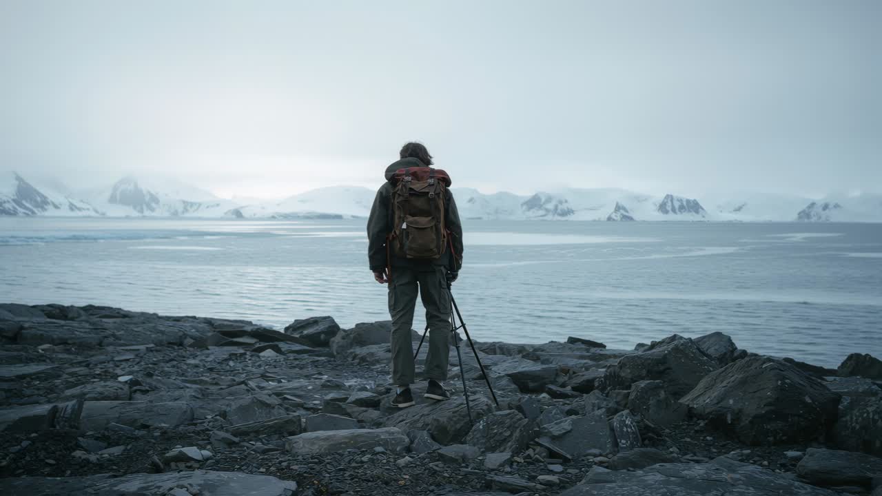 Arriving man in parka steadying tripod on shoreline, adjusting camera, observing distant glaciers