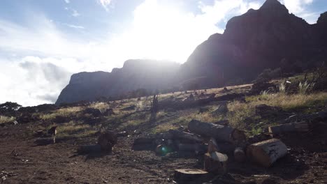 Hiking-Trail-With-Wood-Logs-On-The-Ground---Hiking-Towards-Table-Mountain-In-Cape-Town,-South-Africa-At-Daytime---wide