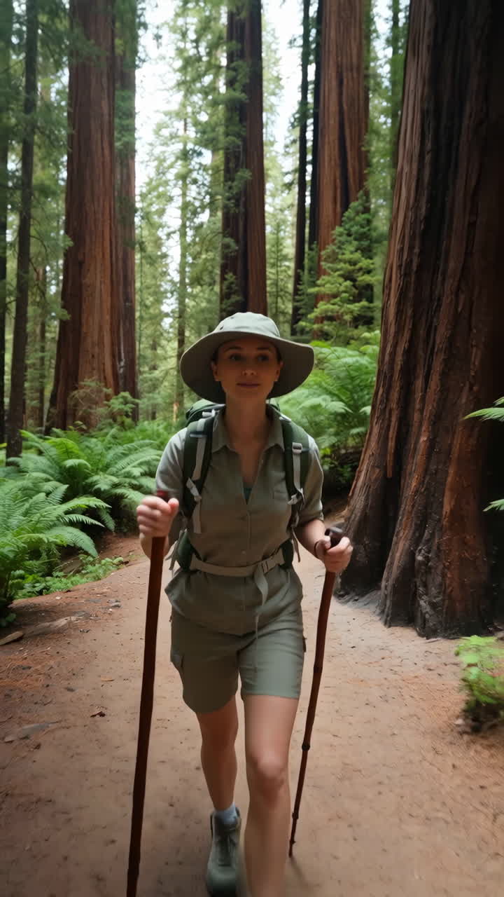 Woman hiking in a redwood forest