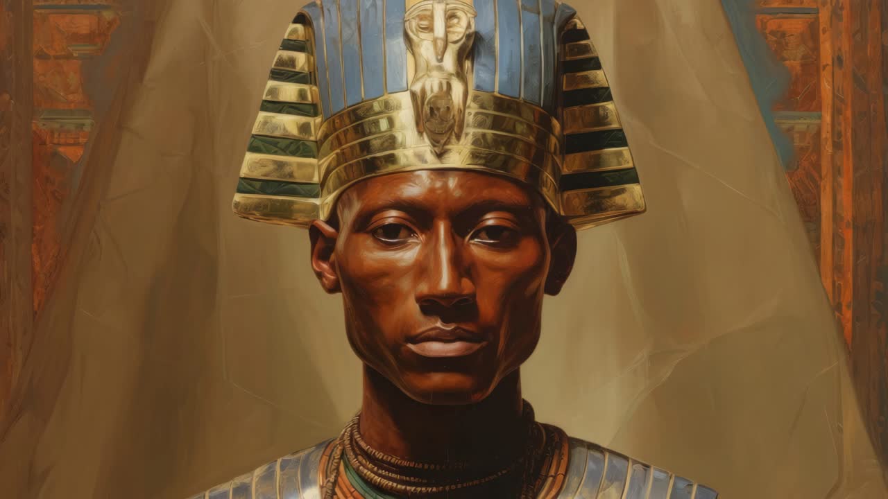 Um retrato régio de um antigo faraó egípcio usando um adereço de cabeça completo