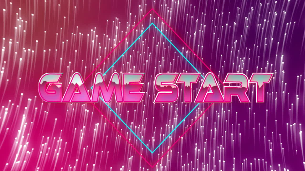 Animation of neon Game Start text over dynamic light streaks background