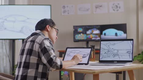 vista lateral de un hombre asiático con dolor de cabeza mientras dibuja un nuevo concepto de diseño de automóvil en una tableta en el estudio con tv y computadoras muestra modelo de automóvil eléctrico 3d