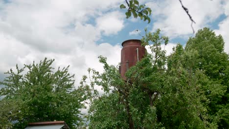 rusty old water tower hiding behind tree canopies