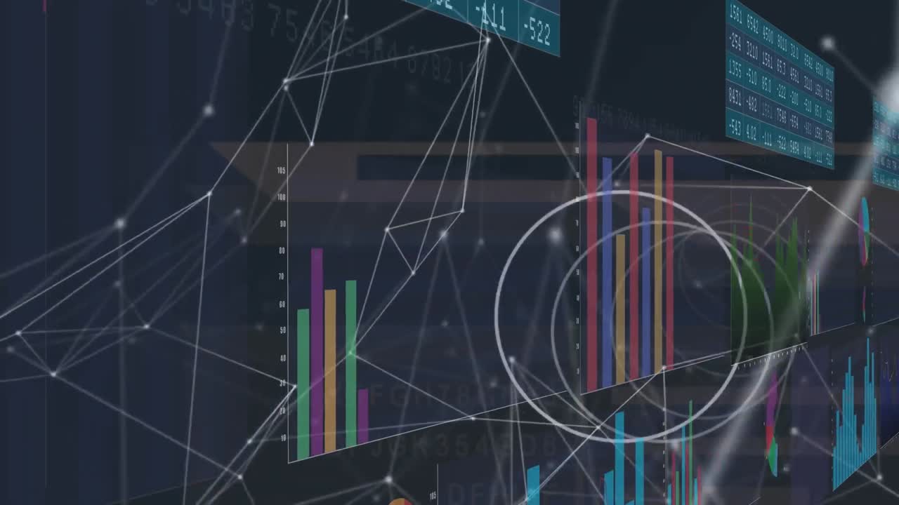 Animation of data processing and network of connections on black background