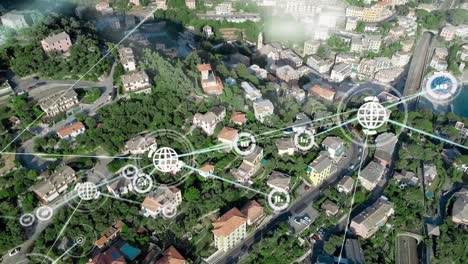 Animation of network of connections with icons over cityscape