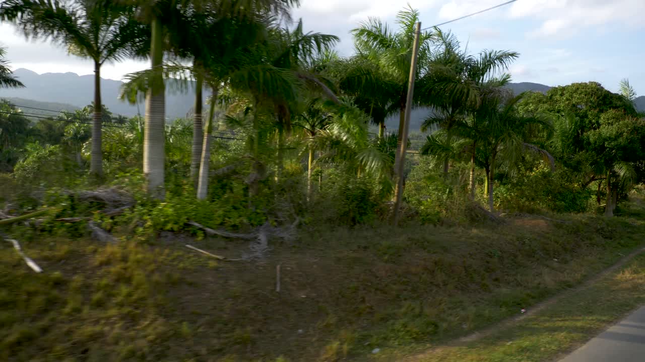 Viñales Valley view from a moving car, Mogotes, mountains and cuban land scape