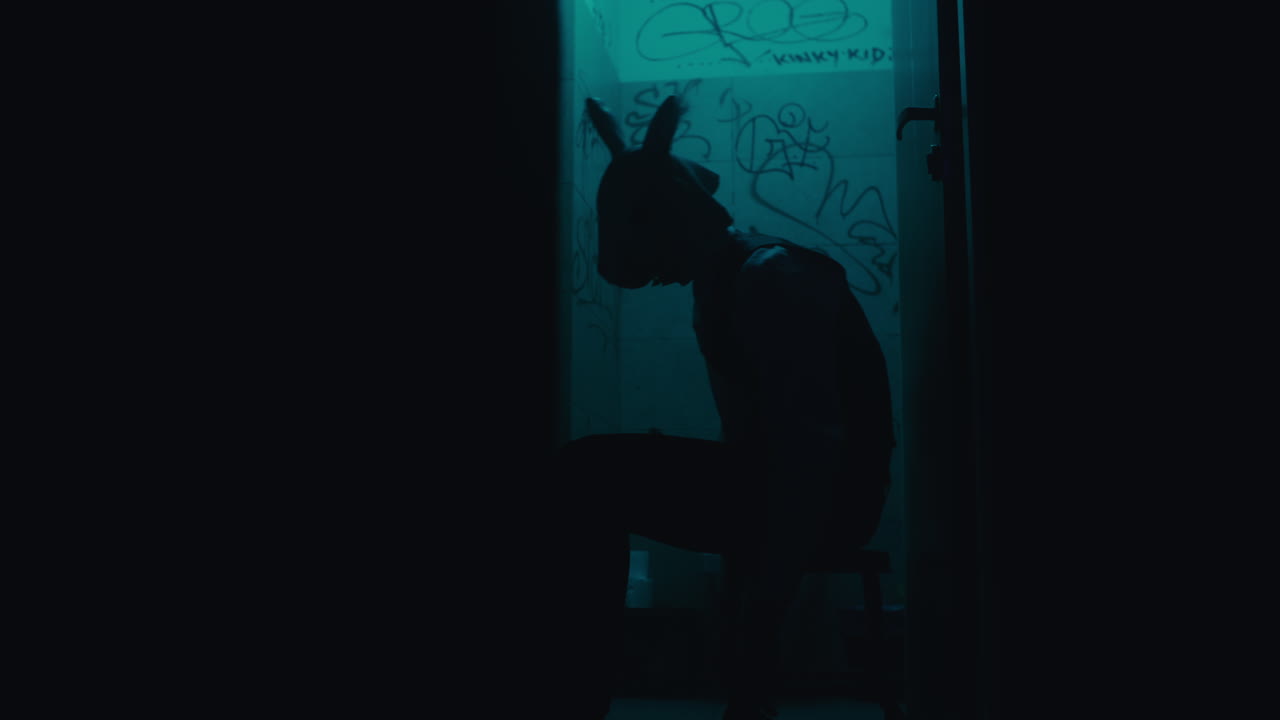 A person with rabbit ears in a dark bathroom