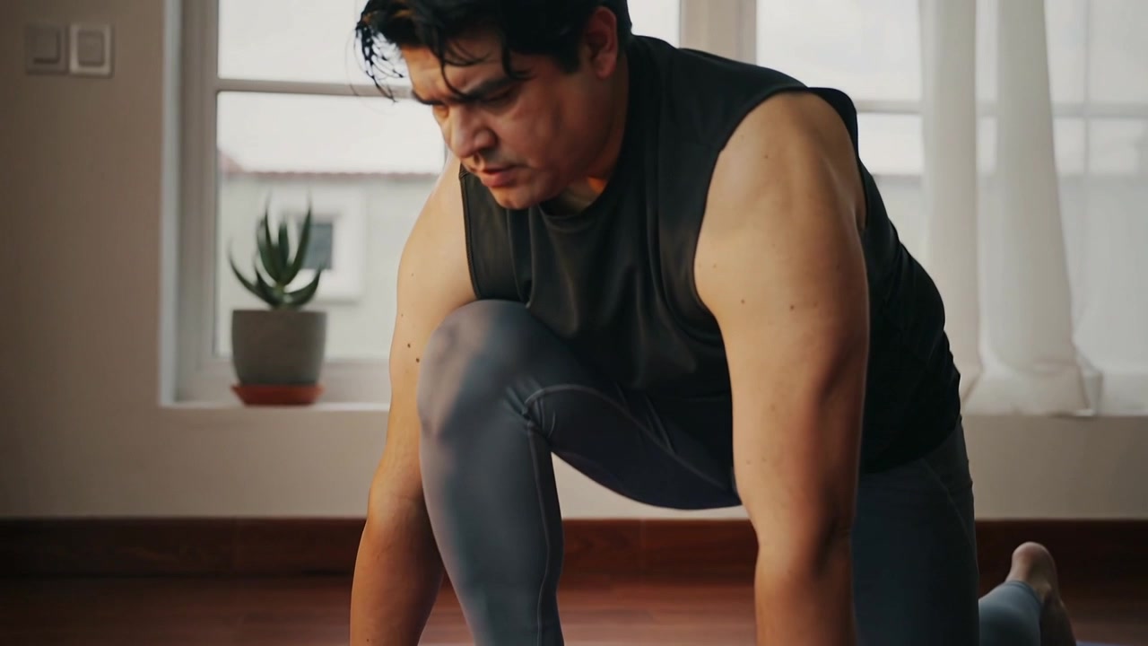Placing hands, man in black workout wear sliding into lunge home, stretching hips on purple mat