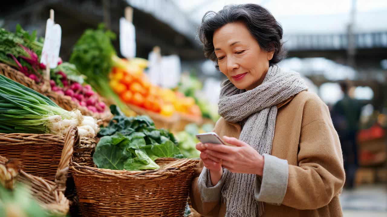A woman enjoying the vibrant atmosphere of a bustling market as she engages with her smartphone, exploring fresh produce options and local delicacies while surrounded by colorful fruits and vegetables