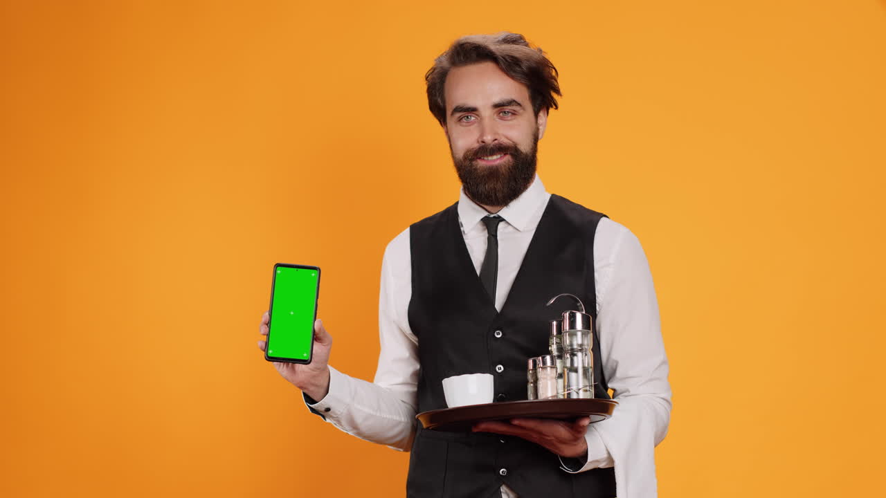 el joven camarero muestra la pantalla verde en la cámara