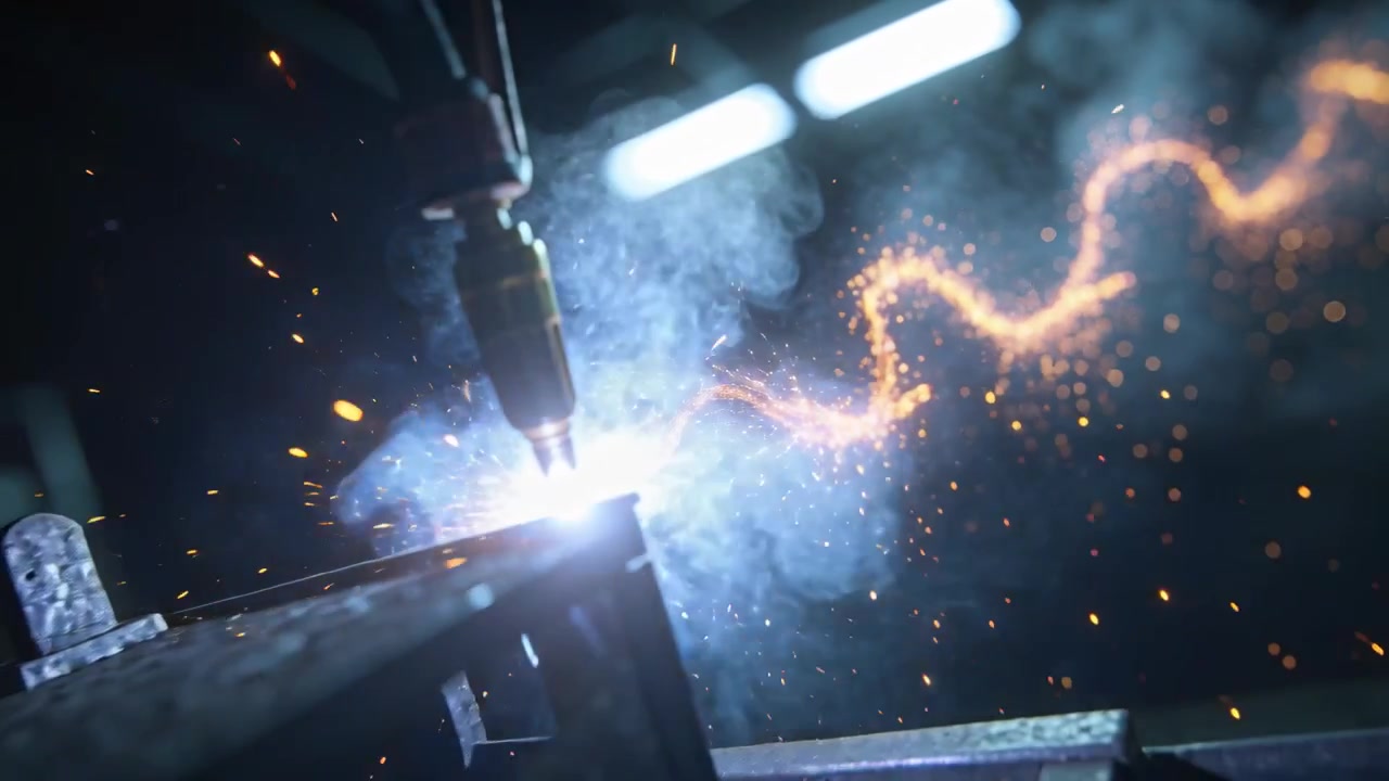 Hitting metal, welding torch producing bright arc at bench, fusing seam, launching golden trail