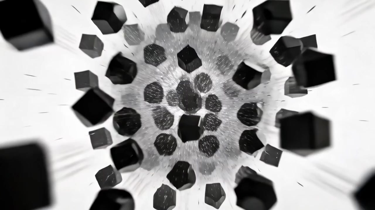 Rupturing core sending black cube breaking into cubes and dust in white void, camera advancing