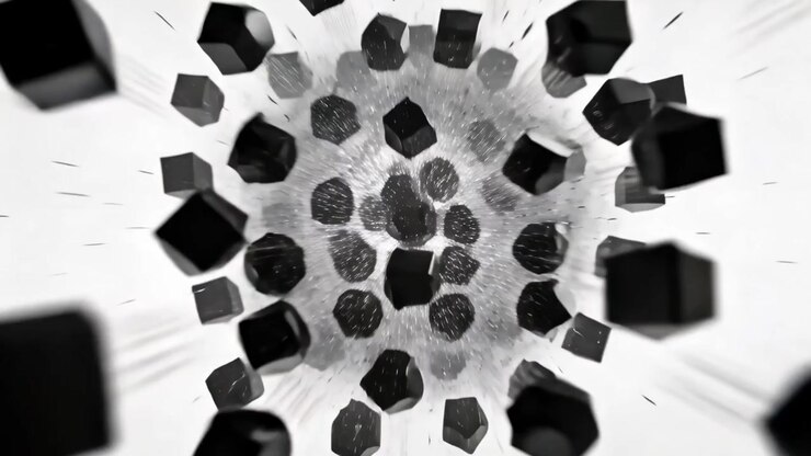 Rupturing core sending black cube breaking into cubes and dust in white void, camera advancing