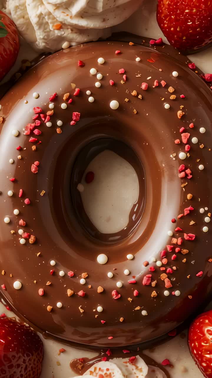 Vertical video: Recording, camera panning across dining table to reveal glazed cake with sprinkles