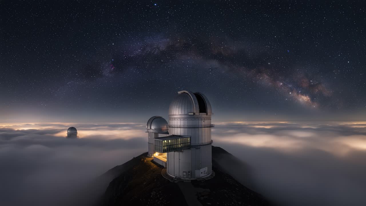 A Stunning View of Astronomical Observatories Under a Starry Sky, Surrounded by Clouds and the Milky Way Galaxy's Breathtaking Arc of Light