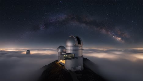 a stunning view of astronomical observatories under a starry sky, surrounded by clouds and the milky way galaxy's breathtaking arc of light