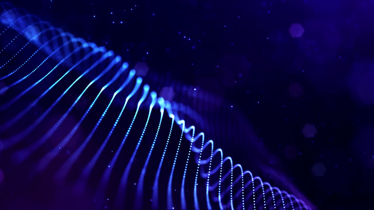 4k looped science fiction particle background with bokeh and light effects. Glow blue particles form lines, surfaces, complex structures in smooth motion like in the microworld or space. 2
