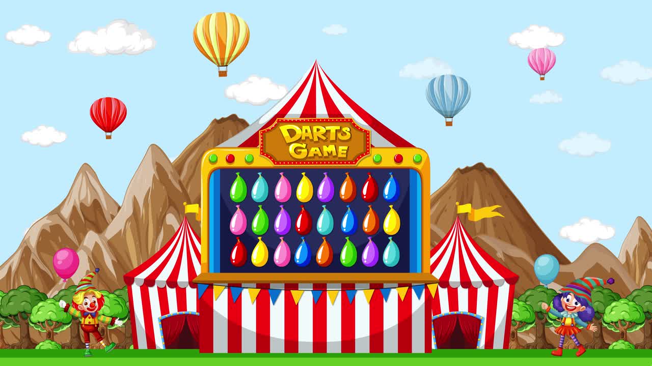 Cartoon carnival scene with a darts game booth, mountains, and floating hot air balloons