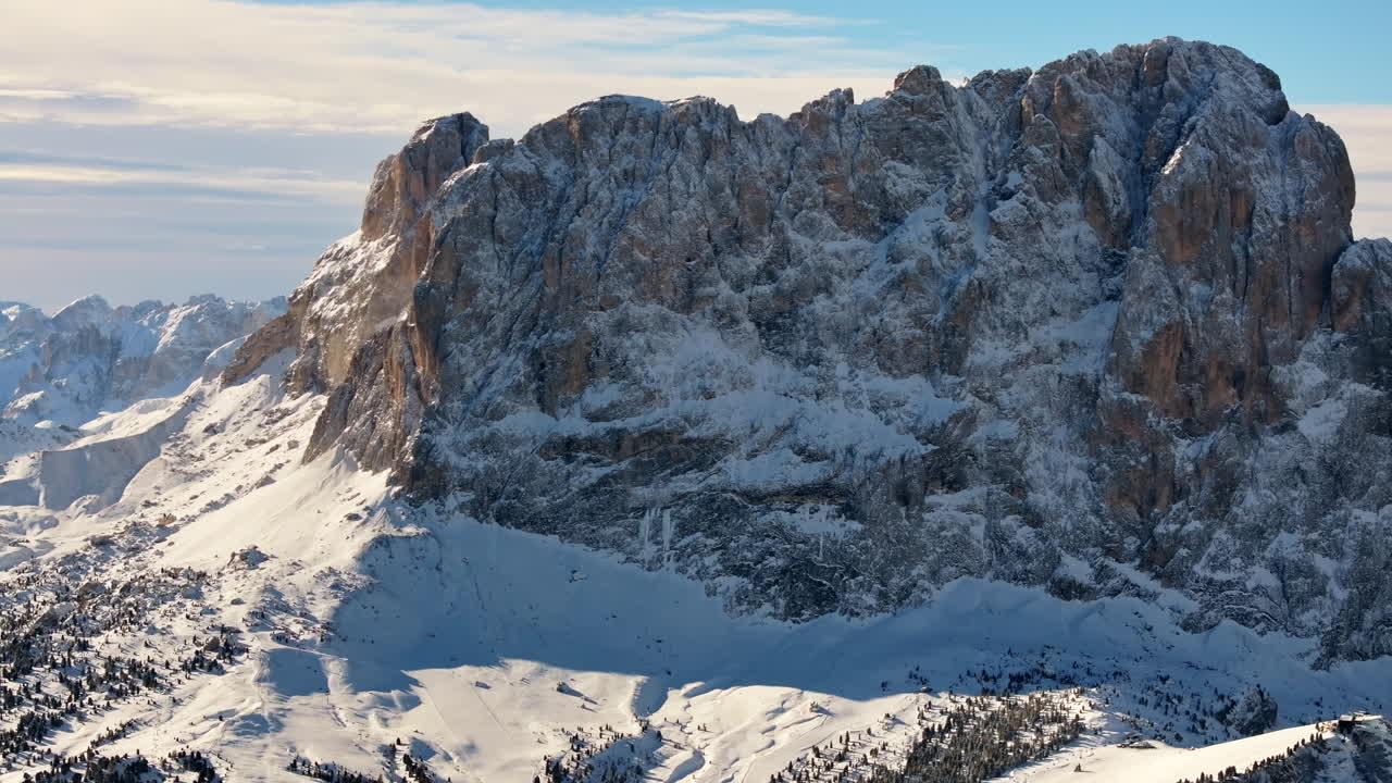 Aerial drone view of the Gardena Pass high mountain pass in the Dolomites, Italy