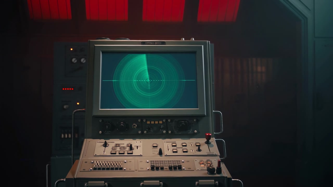 Frontal eye-level view of vintage radar console in dim control room, with green circular sweep, bright sector wedge, metal knobs, switches, and CRT display creating retro surveillance mood and