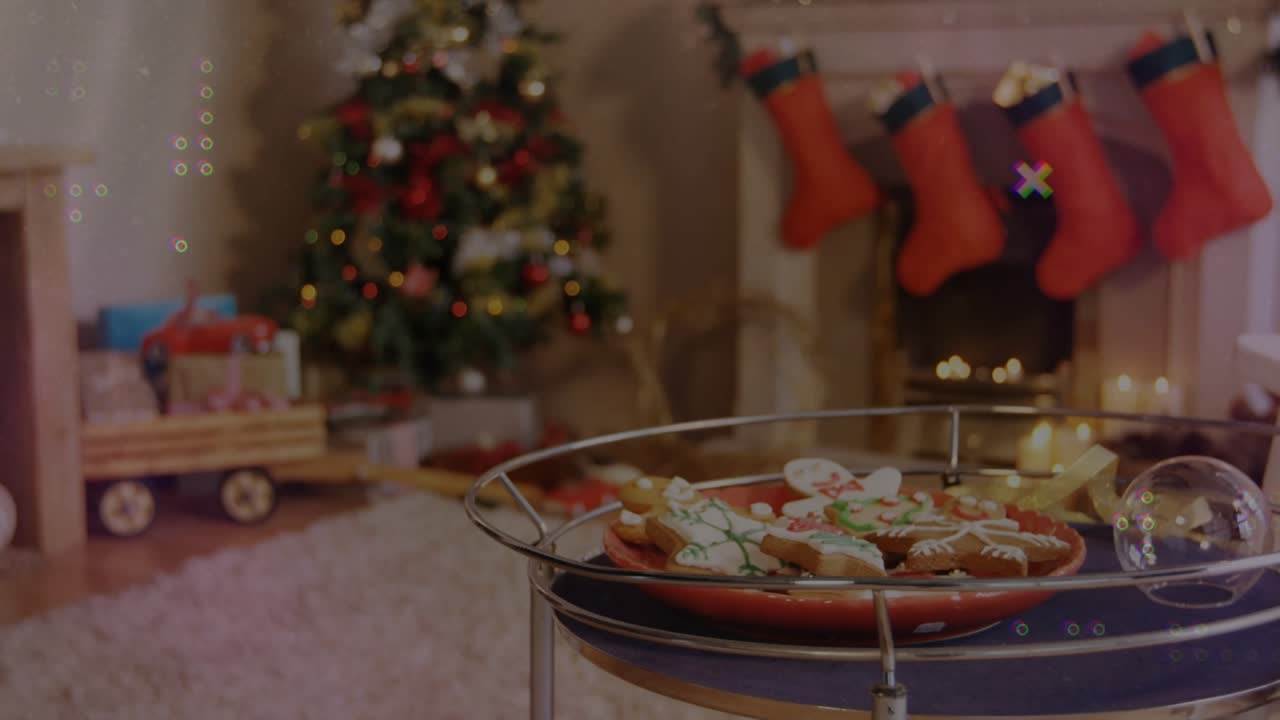 Soft bokeh, camera shifting to red plate, cookies focusing, overlays drifting, highlighting cookies