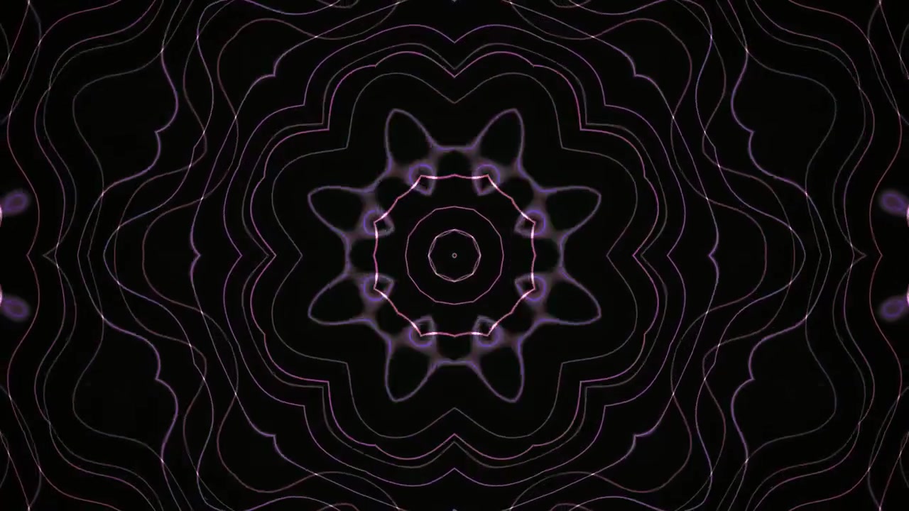 Motivo caleidoscopico astratto al neon rosa che muta su sfondo nero