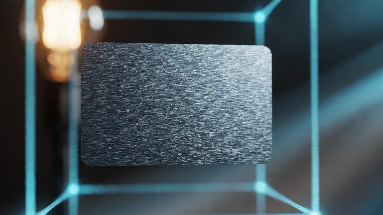 Una elegante tarjeta metálica que brilla dentro de un marco geométrico, rodeada de una luz suave, simboliza la tecnología, la innovación y la estética del diseño moderno