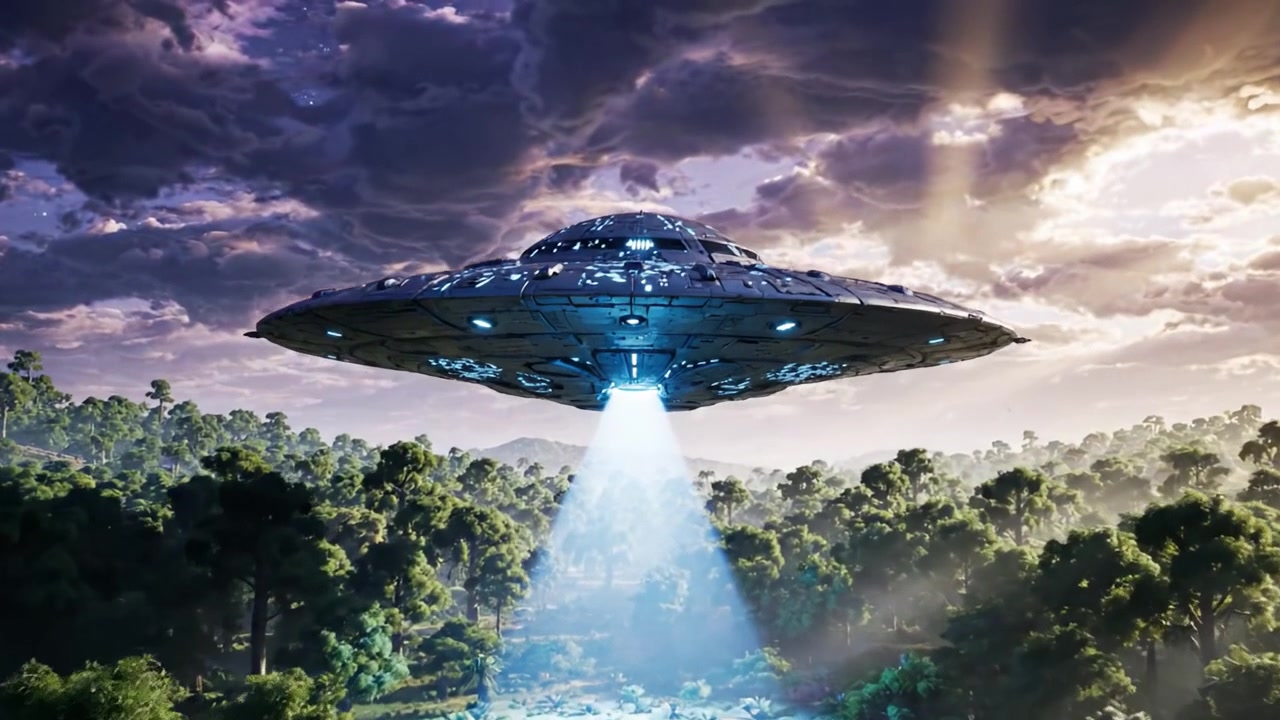 A Mysterious UFO Hovers Above a Lush Forest, Bathed in the Light of a Distant Sun with Dramatic Clouds Enhancing the Otherworldly Atmosphere
